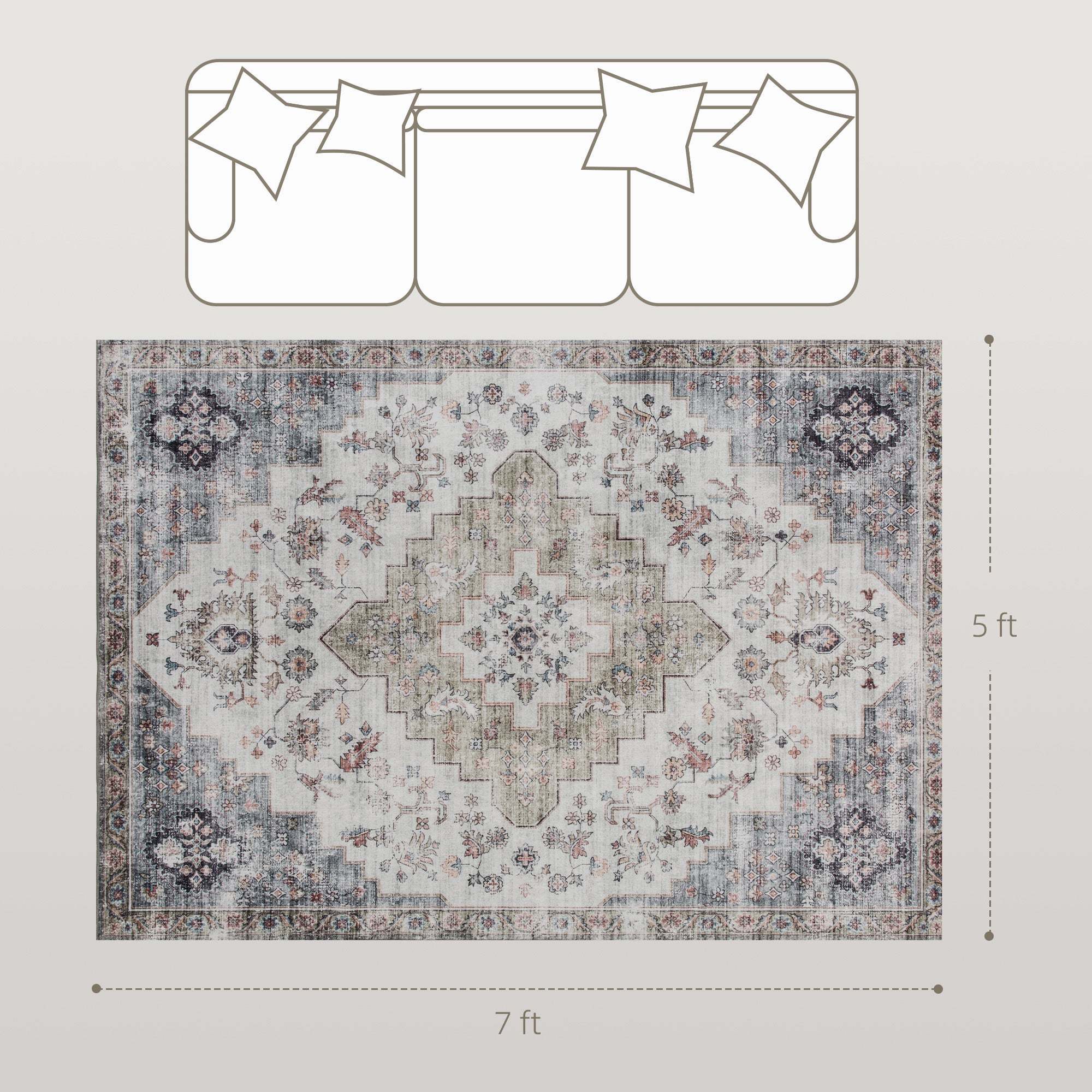 5x7 Area Rug, Vintage Machine Washable Rug, Non-Slip Carpet For Living Room, Bedroom, Dining Room, Brown And Green