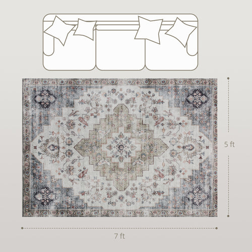 5x7 Area Rug, Vintage Machine Washable Rug, Non-Slip Carpet For Living Room, Bedroom, Dining Room, Brown And Green